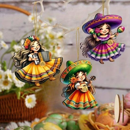 Yousheng 12 Pcs Mexican Dancing Girls Ornament Cinco De Mayo Hanging Decoration Wooden Fiesta Mexico Ornament for Carnivals Party Favors Home Tree