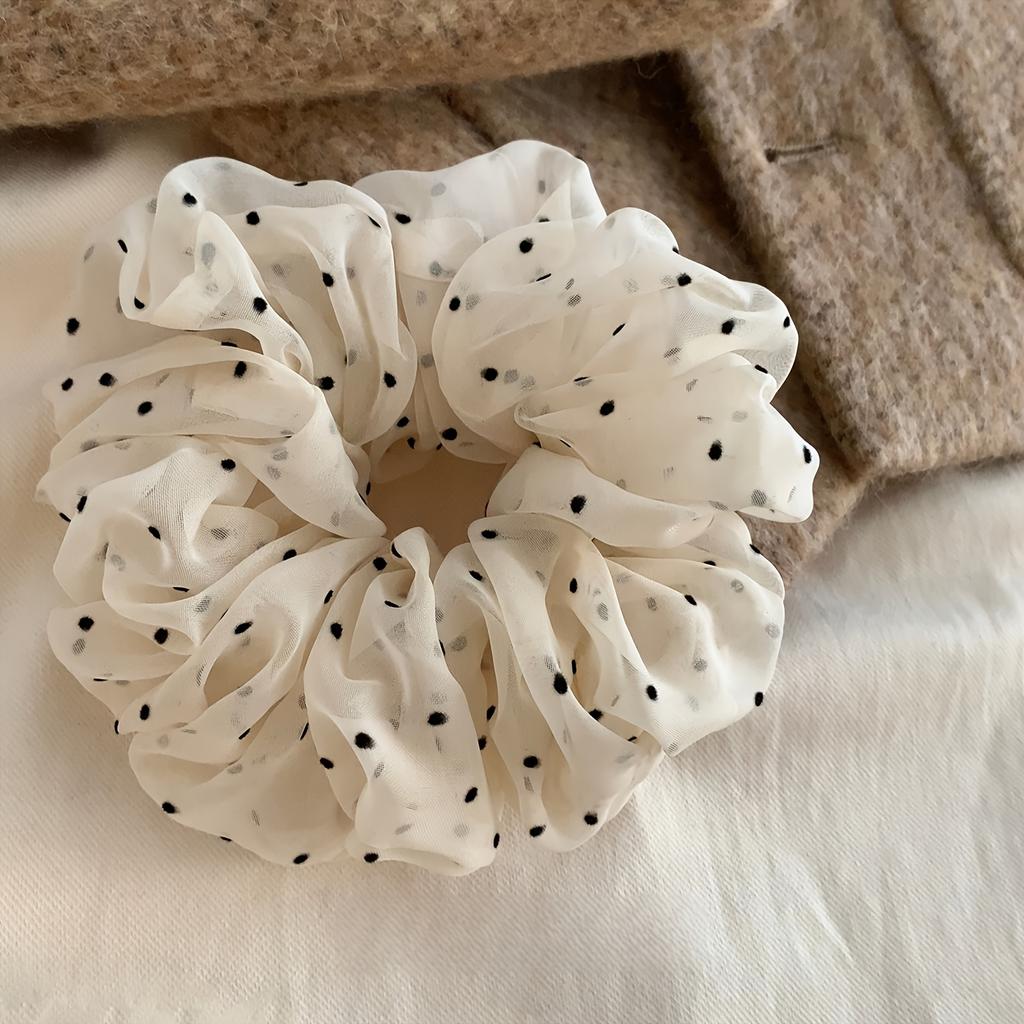 Elegant Cream Polka Dot Mesh Hair Scrunchie for Women - Soft, Breathable, Non-Slip Headband with Floral Design, Perfect for Daily Hair Accessory
