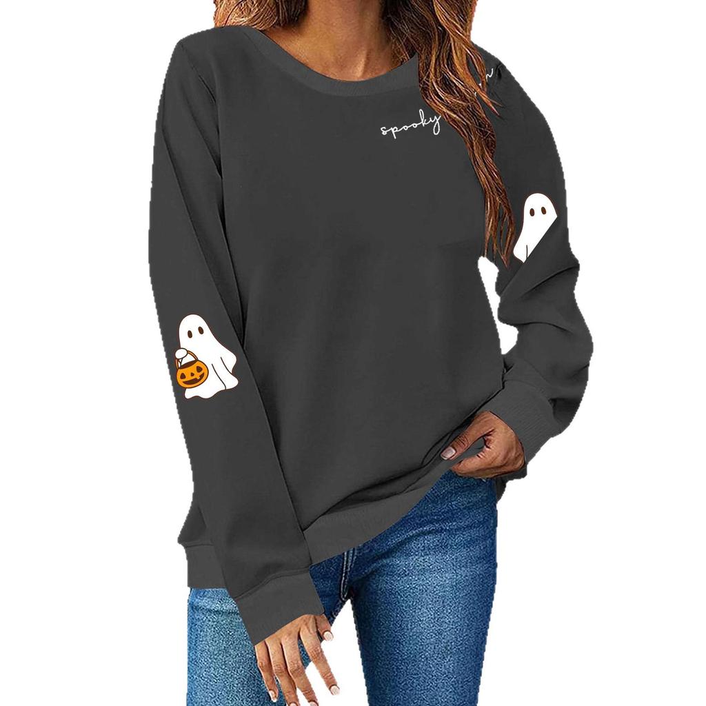 Women's Halloween Ghost Print Fleece Lined Crew Neck Sweatshirt, European Sizes S-3XL - Long Sleeve Casual Sportswear