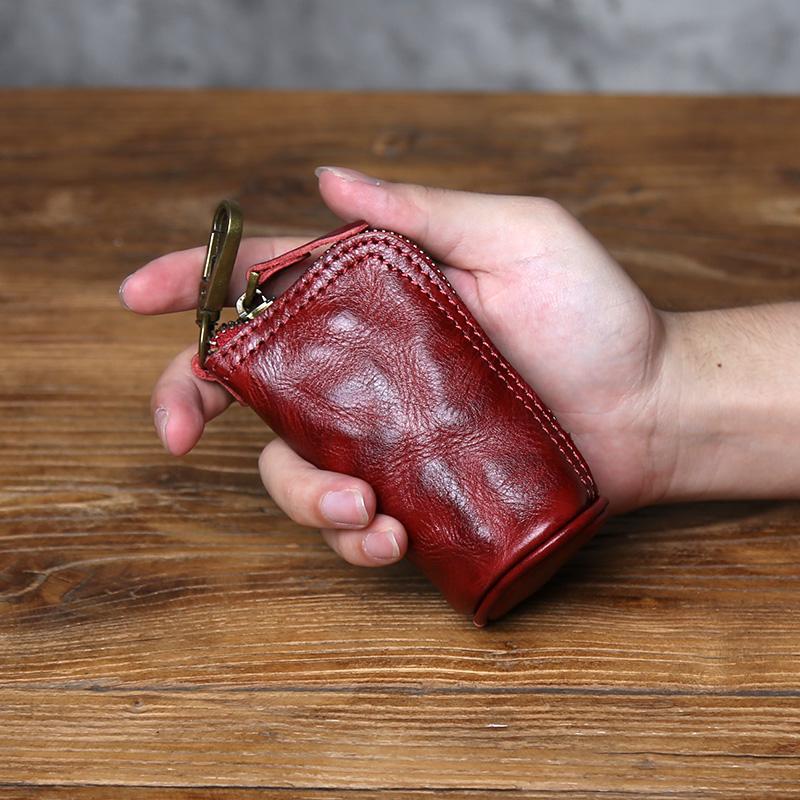 

NZPJ Retro Genuine Leather Key Bag Natural Head Layer Cowhide Small Wallet Storage for Women Men Car Key Organizer червоний