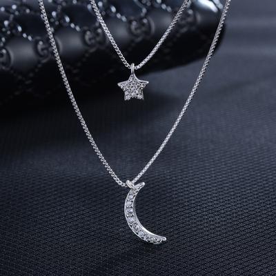 Double Star Moon Pendant Necklace Women's Romantic Short Collarbone Chain Valentine's Day Gift Girlfriend's Elegant Neck Jewelry