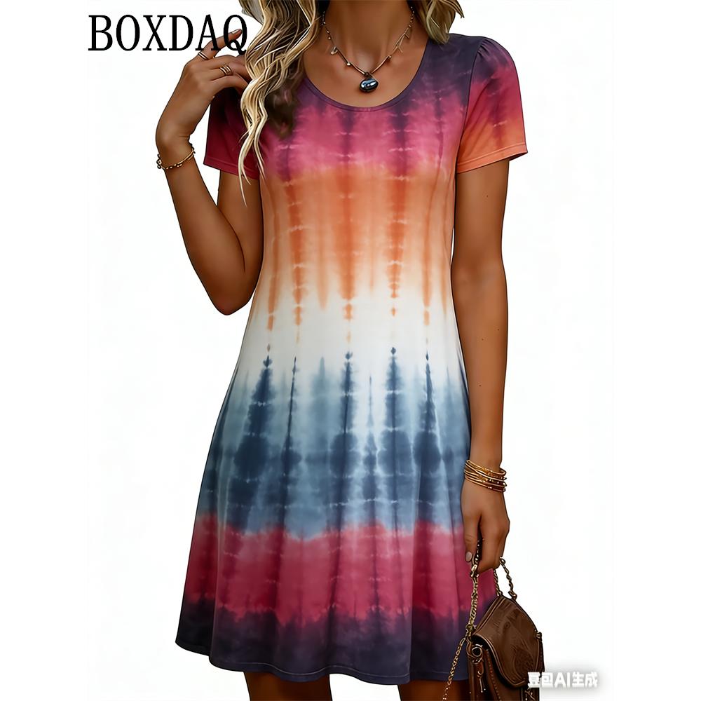 Tie Dye Gradient Print Dresses For Women 2026 Summer Clothing Fashion Striped 3D Print Loose Short Sleeve Dress Women's Casual