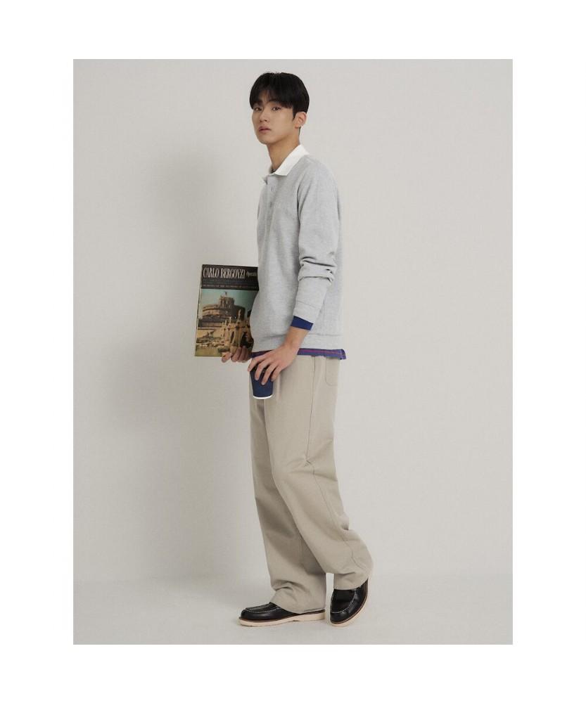 Binpolmen Collared Contrast Long Sleeve T-Shirt Light Gray