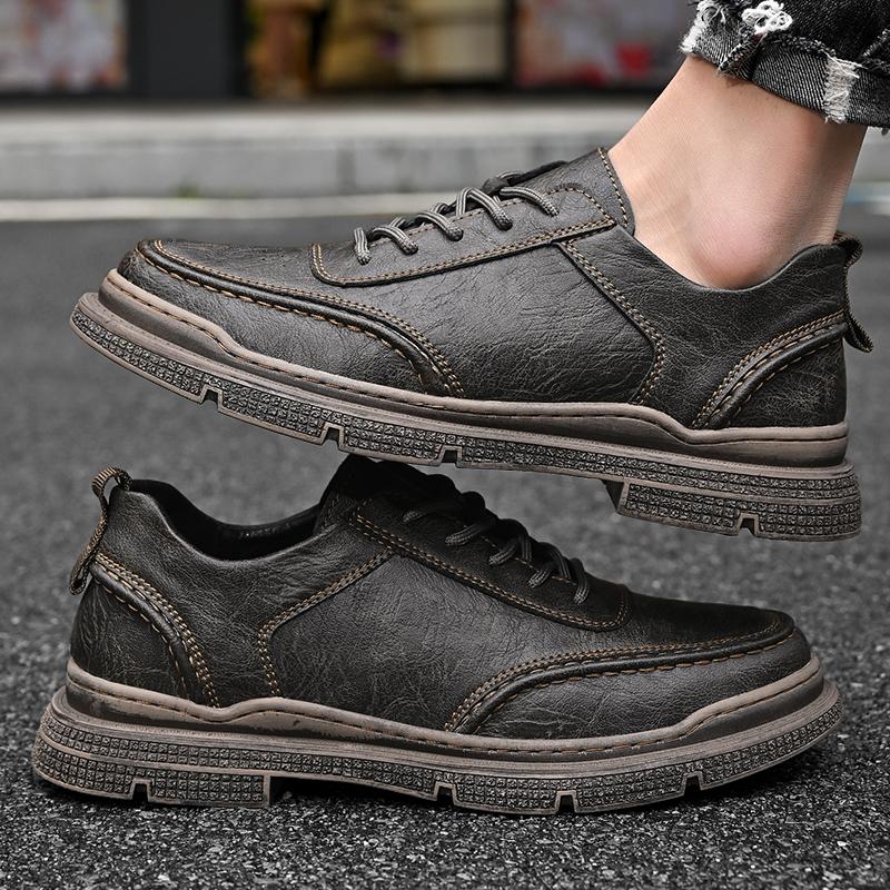 Fashion Mens Casual Leather Original Shoes Handmade Outdoor Non-Slip Men's Walking Shoes Retro Design Style Lace-up Comfy Driving Shoes