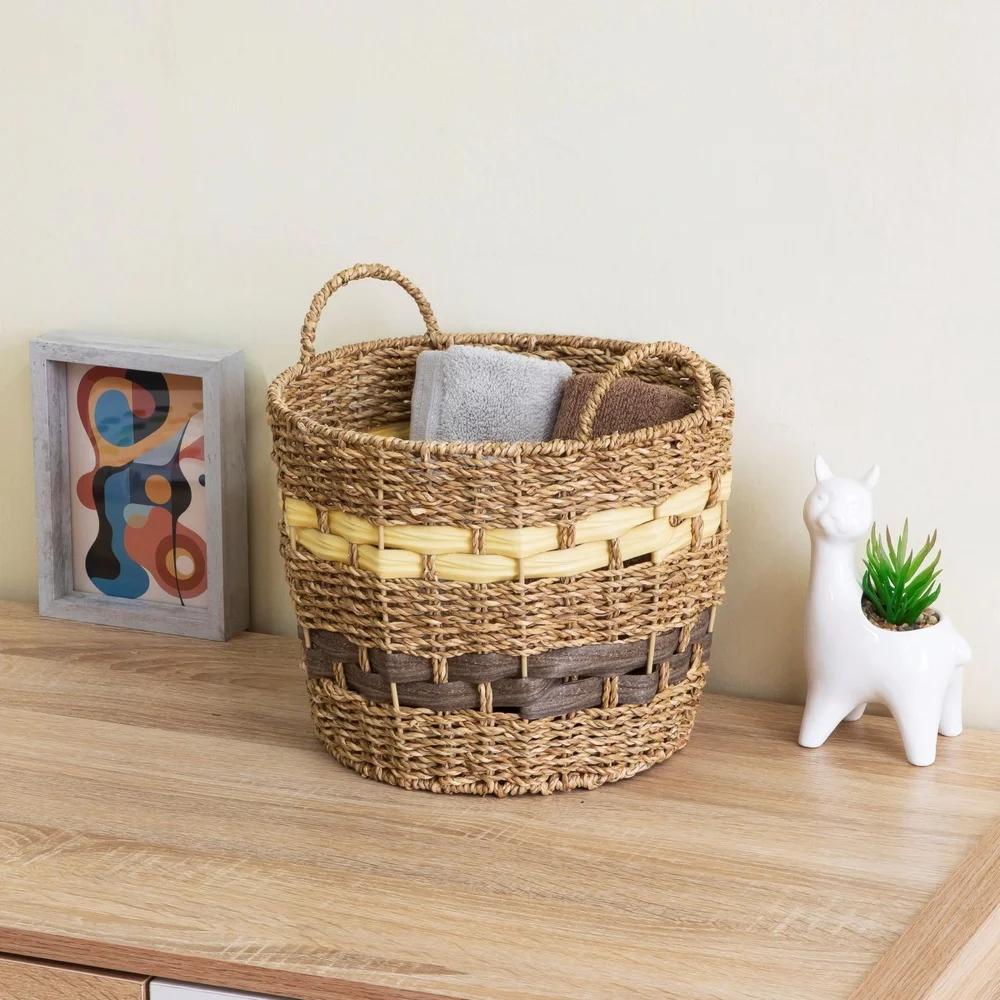 Handwoven Seagrass Storage Basket Large Round Decorative Basket Nestable Household Organizer Toys Toiletries Accessories