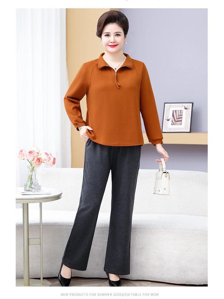 Women's Plus Size Velvet Long-Sleeve T-Shirt and Warm Base Layer Set for Middle-Aged and Elderly