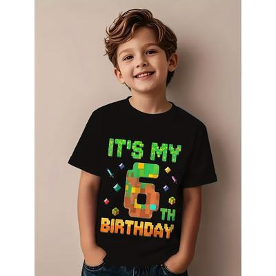Taglie europee ' Outfit per Festa di Compleanno Pixel - Maglietta Casual a Manica Corta Girocollo con Stampa Numero 6 per 6 Anni