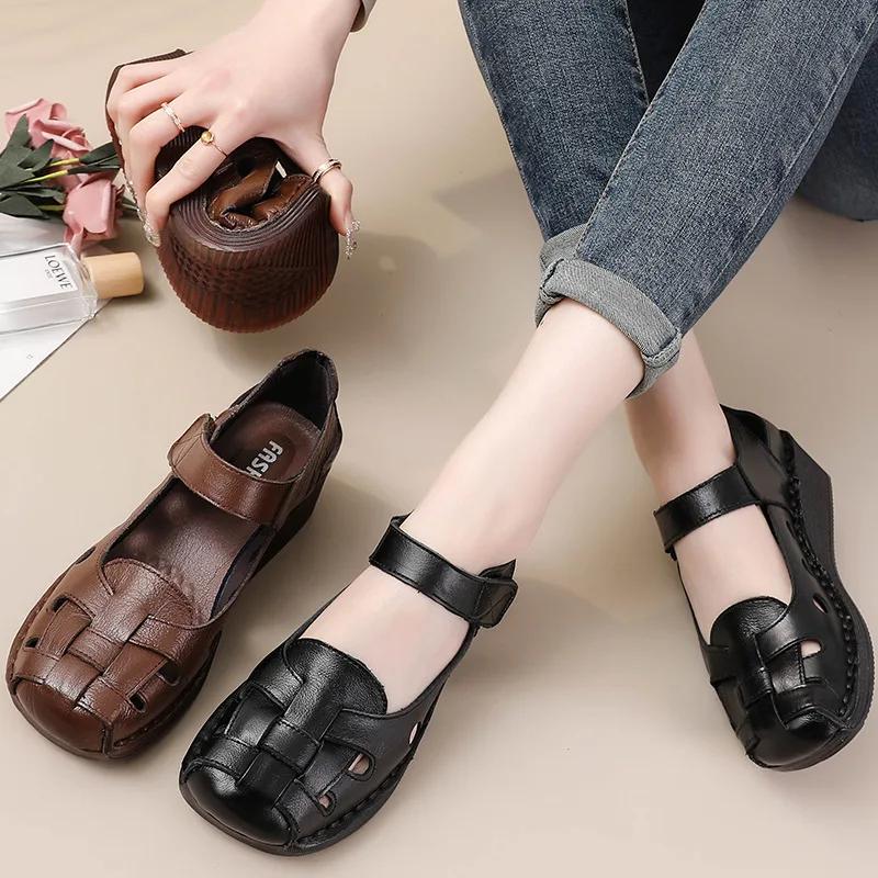 Cowhide Retro Wedges Women's Sandals Women's Summer New Soft Soled Genuine Leather Mother's Shoes Slip Comfort Female Shoes