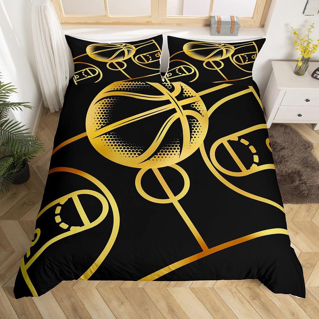Basketball Comforter Cover Queen Size Sport Dunk Basketball Duvet Covers For Kids Teens, Black Ball Print Bedding Set All Season