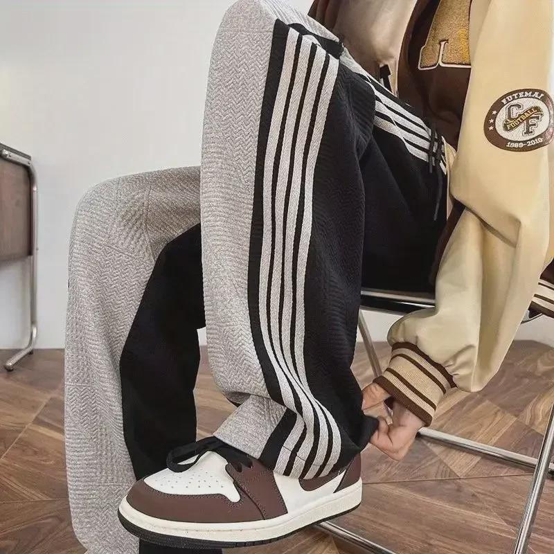Men's Striped Patchwork Straight-Leg Casual Sweatpants, Large Size, Trendy Brand, Spring/Autumn Drape Trousers
