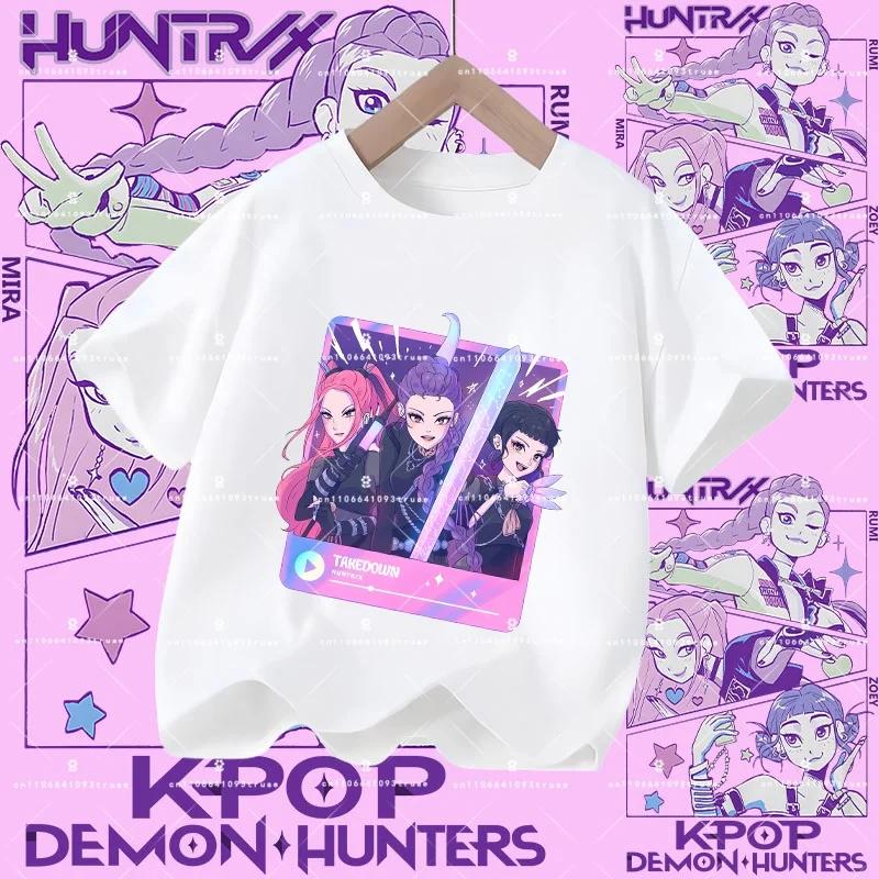 2026 New Kpop Demon Hunters Children's Polyester T-shirt - Girls' Casual Top with Cartoon Print - Summer Short-Sleeved Sports Shirt