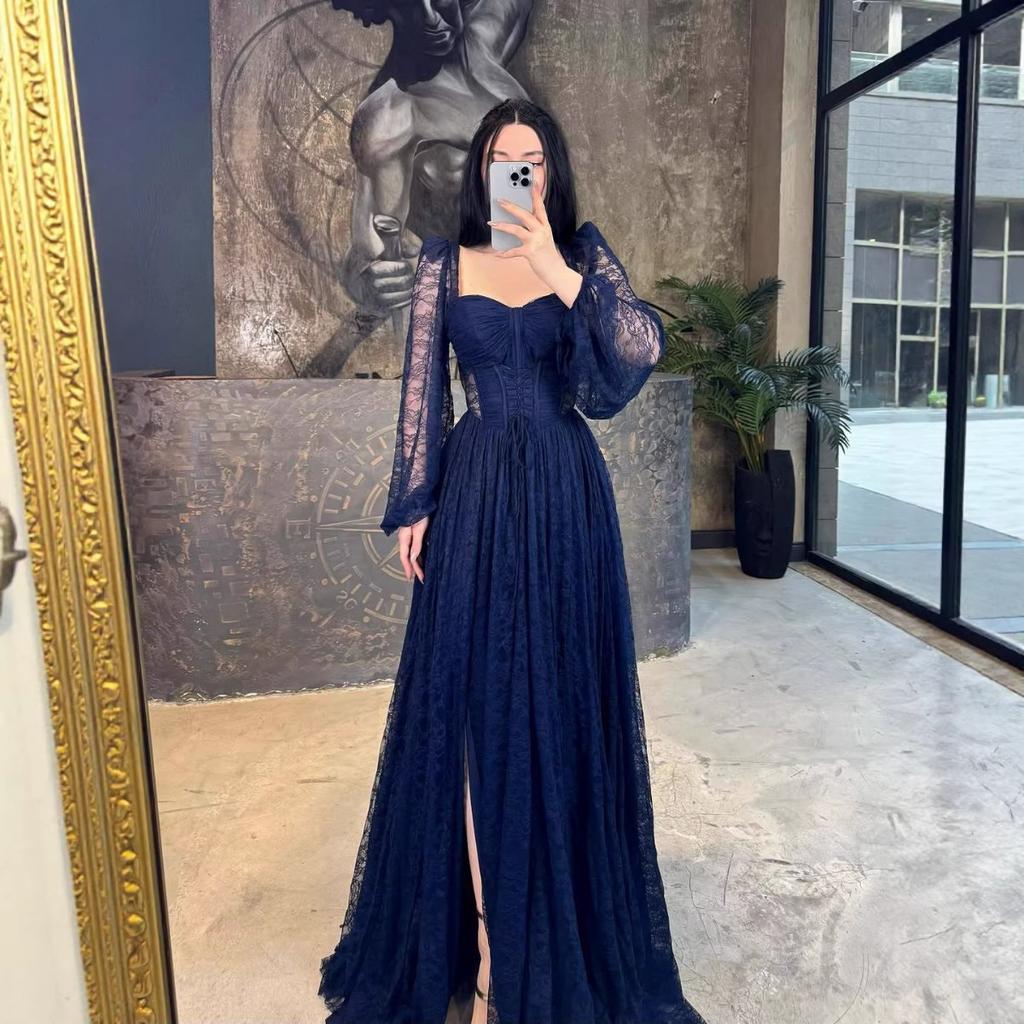 New Lace Waist Cinched Long Sleeve Maxi Dress, Elegant Evening Party Gown, European Style Long Dress for Women