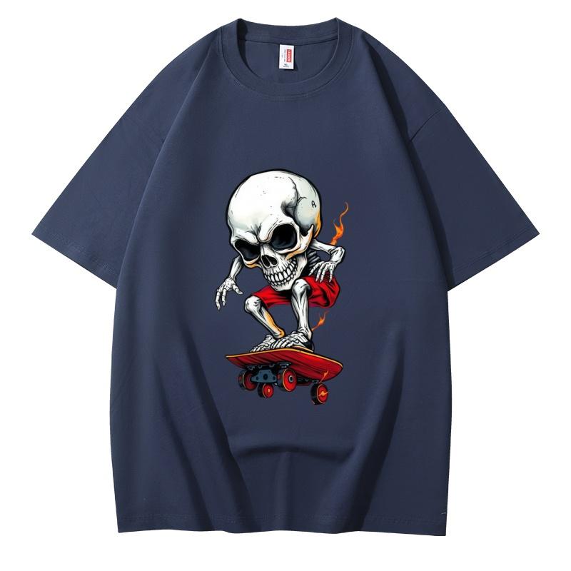 Unisex Casual Cotton Short Sleeve T Shirt Skull Skateboard Gothic Graphic Print Tee
