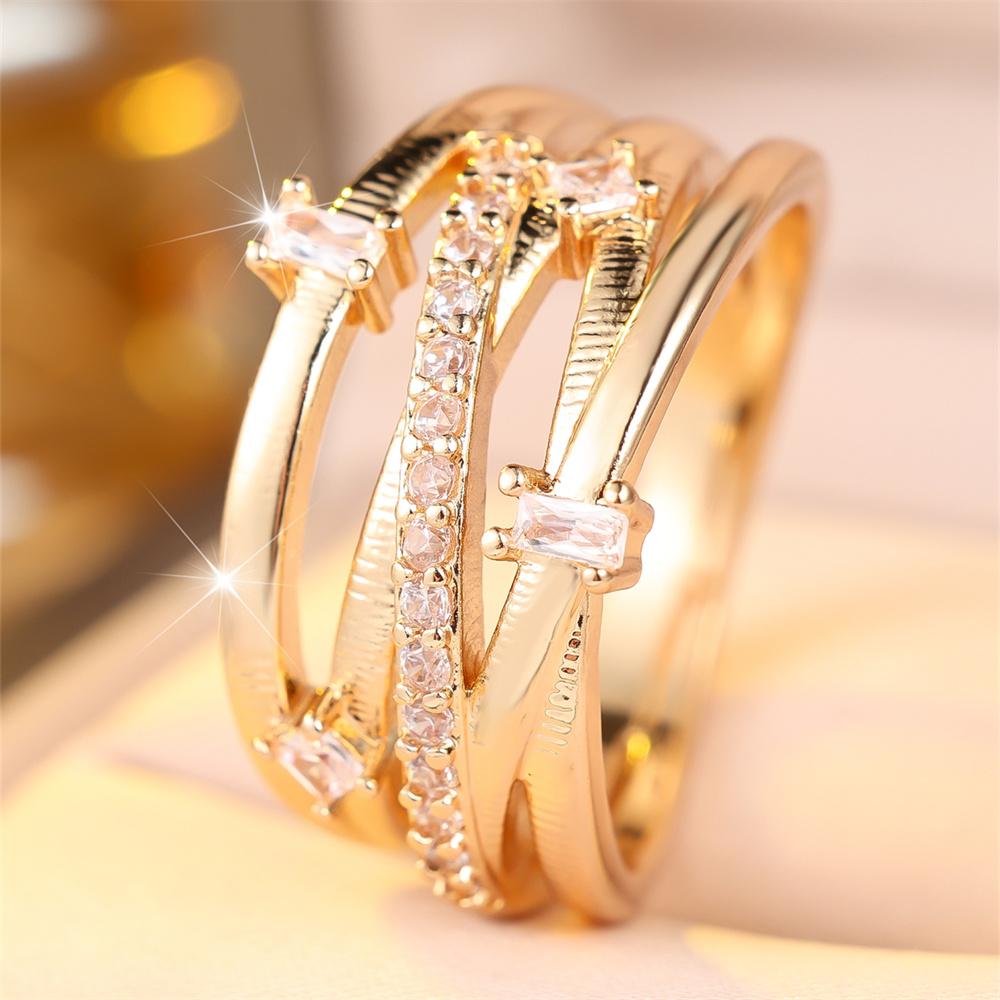 White Zircon Luxury Crystal Geometric Crossed Stone Rings For Women Gold Color Engagement Bands Charm Wedding Jewelry Accessory