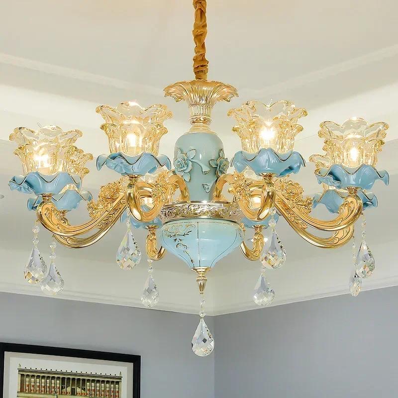 European-Style Ceramic Retro Atmospheric Chandelier For Living Room Bedroom Model Room Villa Duplex Floor Chandelier