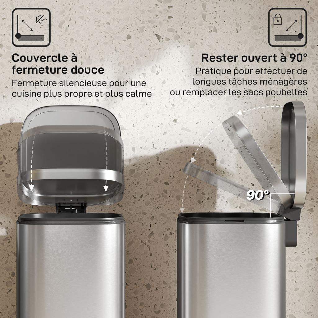 Kitchen Bin 30L, Pedal Bin with Removable Inner Bucket, Soft-close Lid, 29x36x59.5cm, Silver