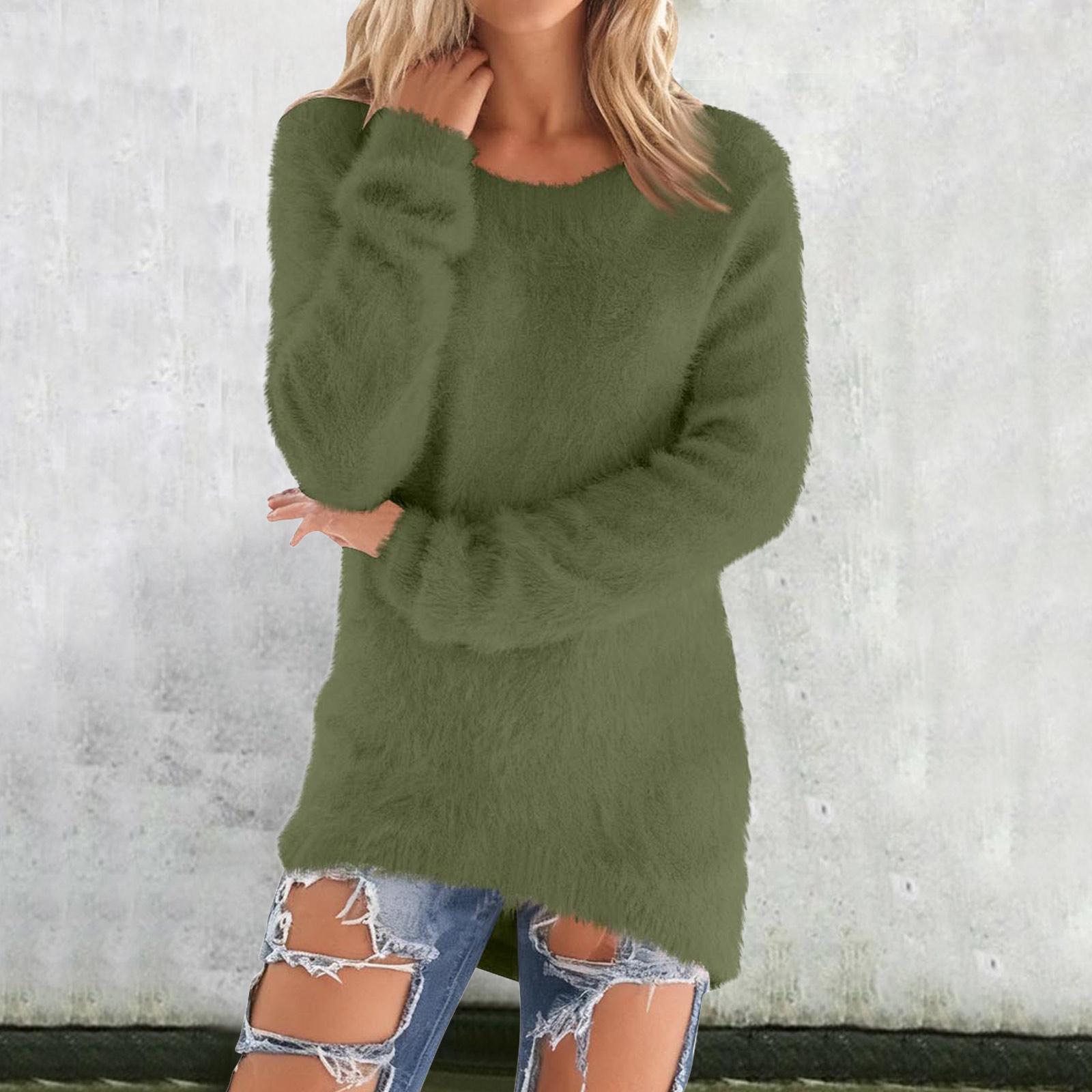

Женские милые свитера, повседневный флисовый пуловер с круглым вырезом, с длинными рукавами, теплый, мягкий, пушистый свитер, зимняя одежда L армия зеленый