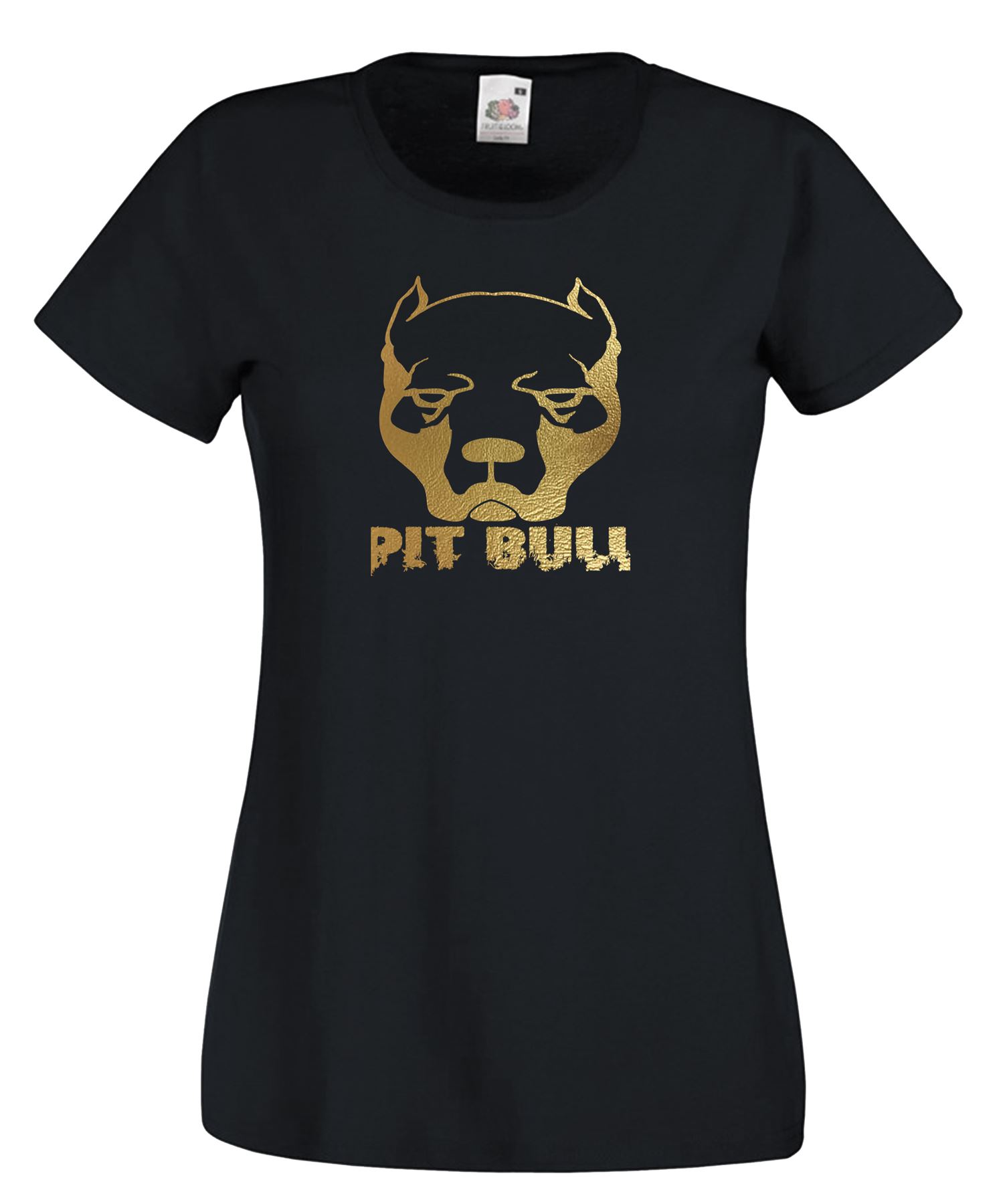 Ladies Black Pitbull Terrier Dog Lover Gold Printed TShirt 2XL