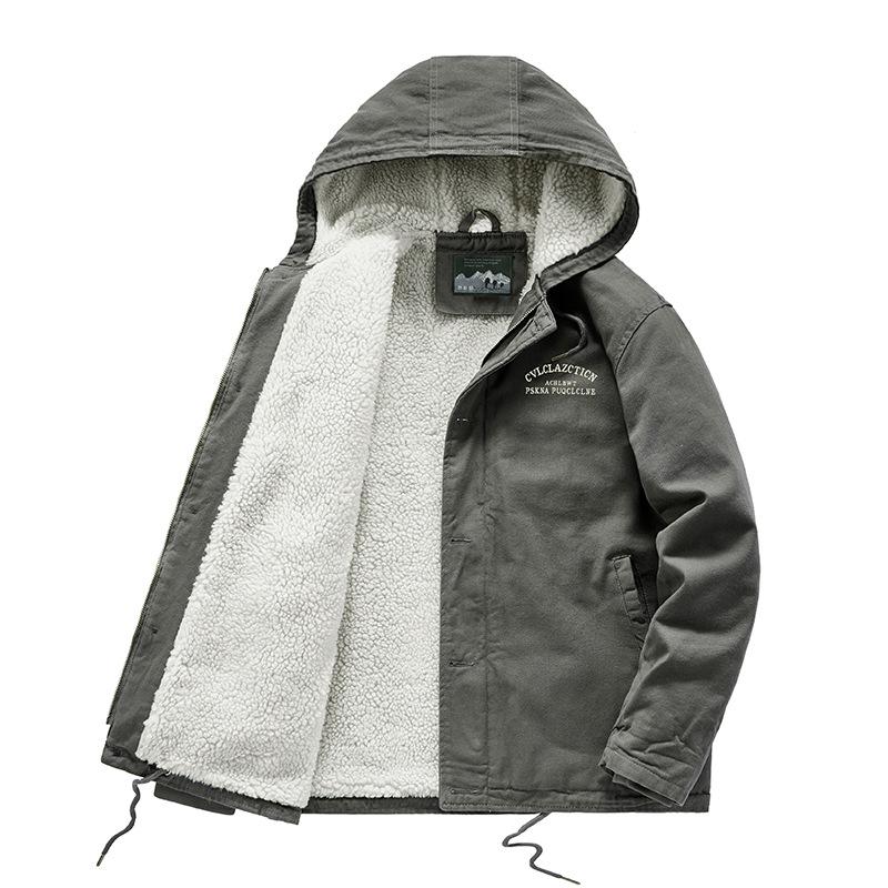 Lambswool Hooded Fleece-Lined Coat, Warm Outdoor Casual Plus Size Cotton Jacket