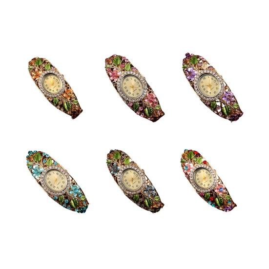 Women Flower Bangle Watch Rhinestone Round Dial Quartz Movement Classic Casual Formal Dress Wide Bangle Wristwatch Fashion Jewelry