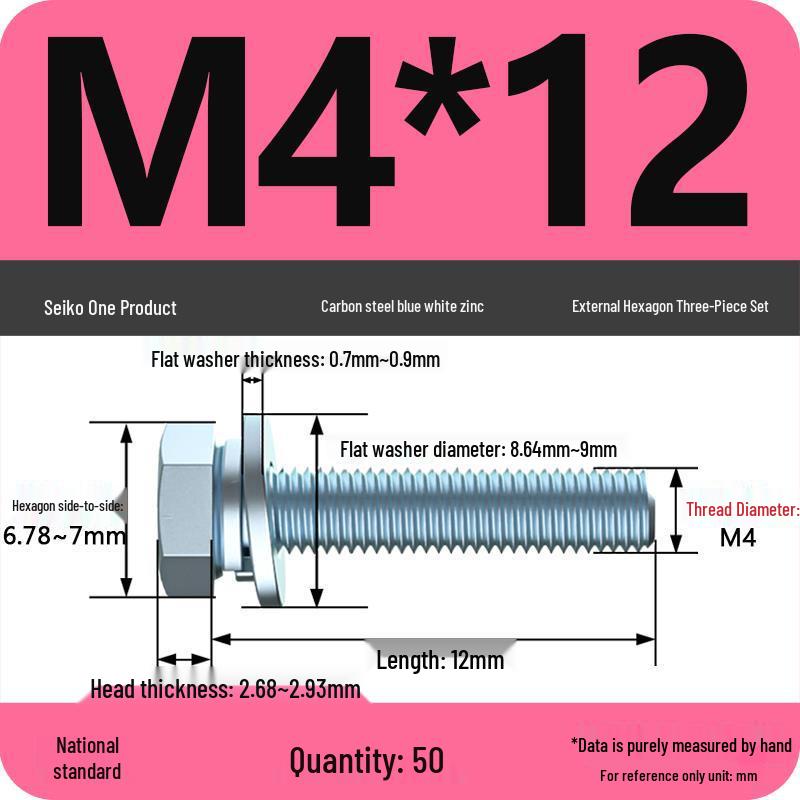 Grade 8.8 Galvanized Hex Bolt Set: Includes Hex Bolt, Spring Washer, Flat Washer (Sizes: M4, M5, M6, M8, M10, M12)