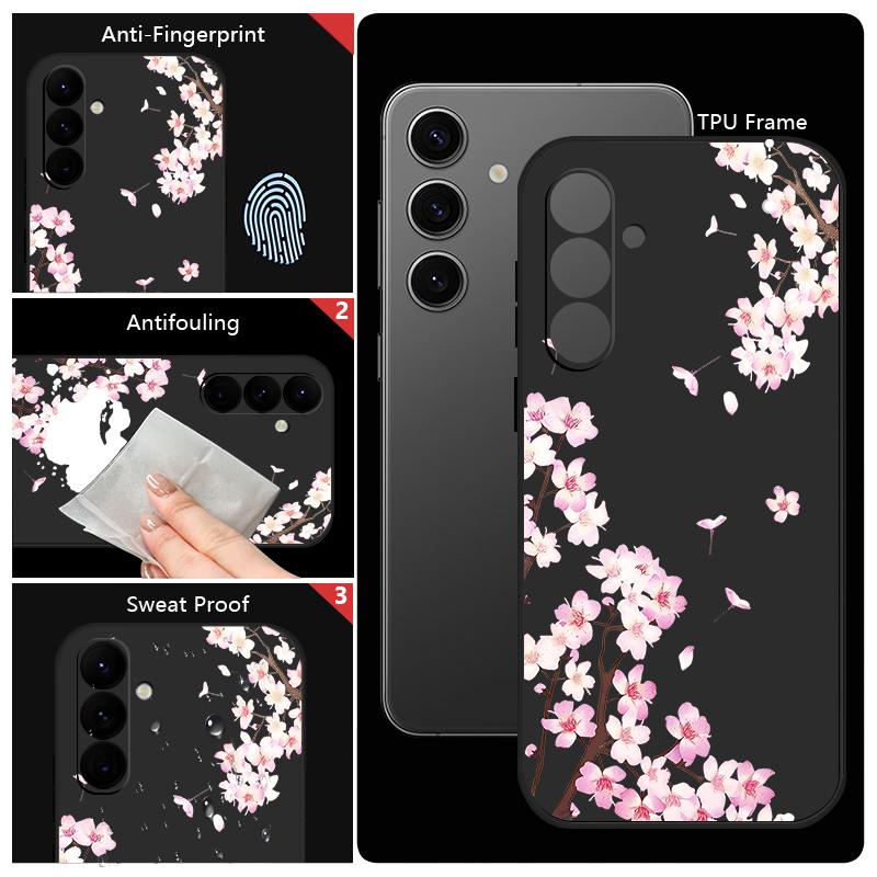 Peach Blossom Patterned Silicone Phone Case For Samsung Galaxy A17 A56 A36 A55 A16 A15 5G A35 A54 A26 A14 Soft TPU Lanyard Cover