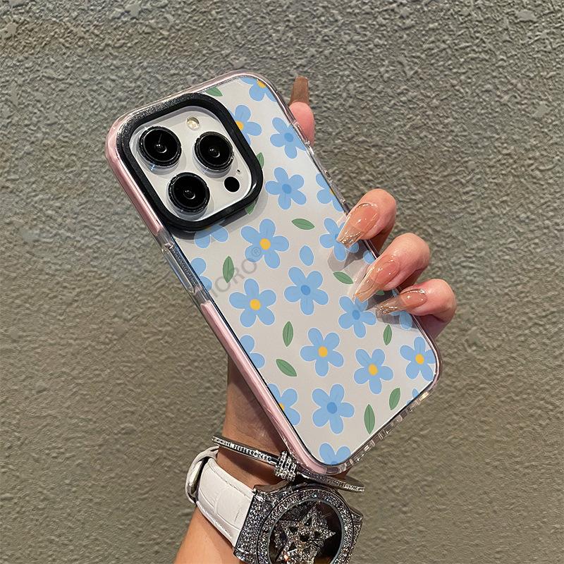 A full-screen light blue floral phone case, iPhone 17 Gentle Style, Apple 16 Pro with a large punch-hole transparent case