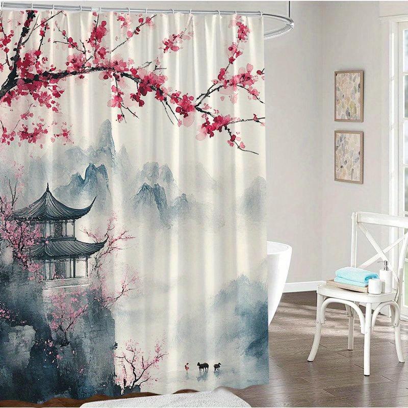 Chinese Ink Plum Blossom Shower Curtain Pagoda Mountain Art Bathroom Decor Oriental Style Bath Curtains For Modern Home Interior