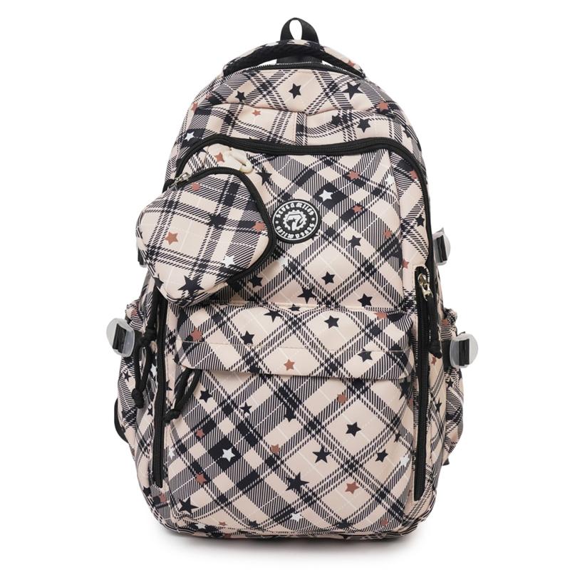Large Capacity Plaid Backpack Women's Star Printed Student School Bag with Coin Purse