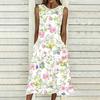 Women Plus Size Sleeveless Round Neck Dress Charming Floral Pattern Loose Mid Calf Gown