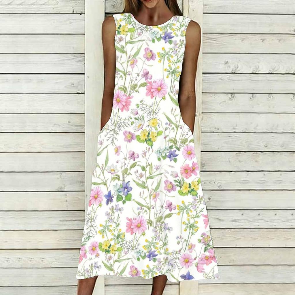 Women Plus Size Sleeveless Round Neck Dress Charming Floral Pattern Loose Mid Calf Gown