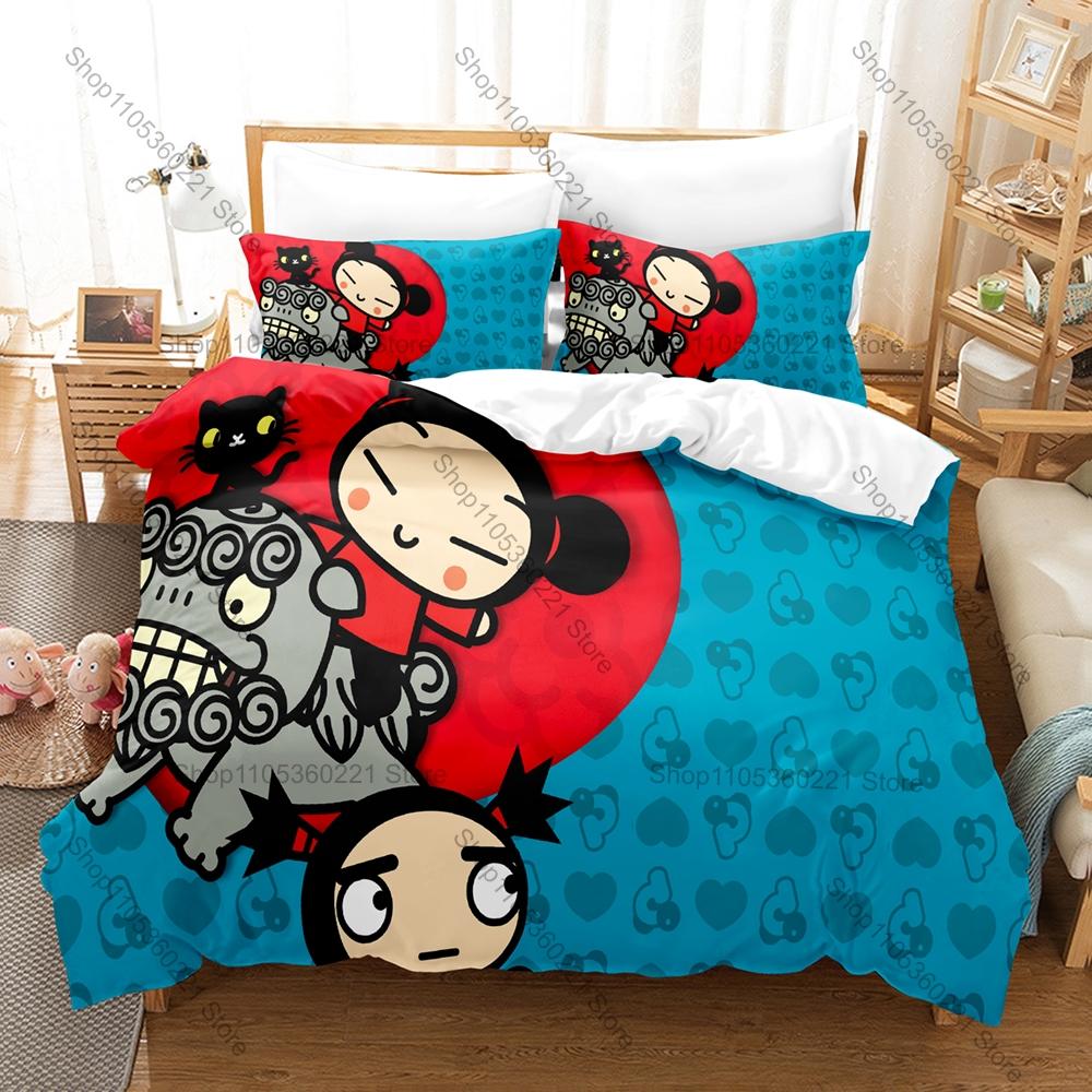 Kawaii Pucca Character Print Duvet Cover + 2 Pillowcases, Cozy Microfiber Bedding Set Perfect as Surprise Gift Anime Enthusiasts