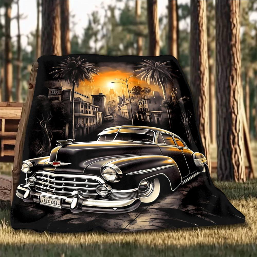 1pc Vintage Car Sunset Outdoor Flannel Blanket , Machine Washable Perfect Gift for Birthday , Holiday Travel Accessory , Durable Material