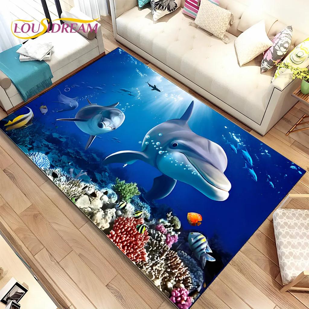 3D Seabed Underwater World Dolphin Turtle Area Rug,Carpet Rug for Living Room Bedroom Sofa Doormat,kids Play Non-slip Floor Mat