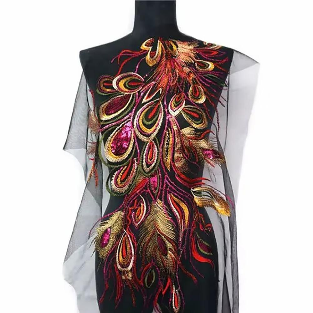

Fashion Red Blue Sequined Embroidery Patches Phoenix Peacock Black Mesh Phoenix Birds Applique Sewing On Patches Dress DIY красный