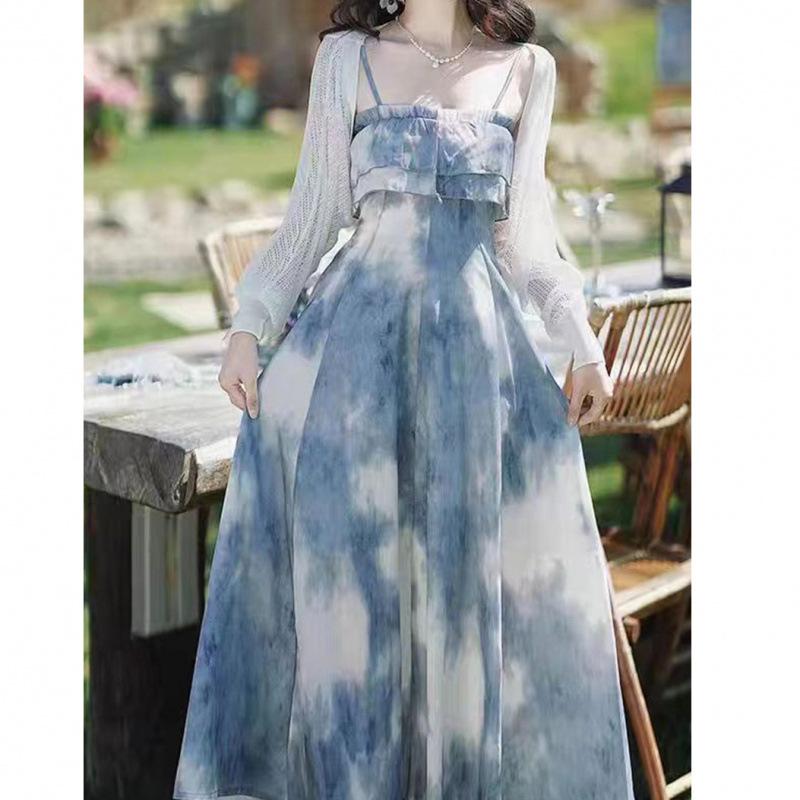 Guochao Stile Hong Kong Vestito Versatile Donna Estate Taglia Grande Versione Coreana di Alta Gamma Design con Spalline Gonne Vita Sottile Media e Lunga