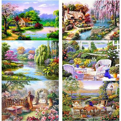 New 5D DIY Diamond Painting Flower Cross Stitch Village Scenery Diamond Embroidery Full Round Drill Crafts Art Home Decor