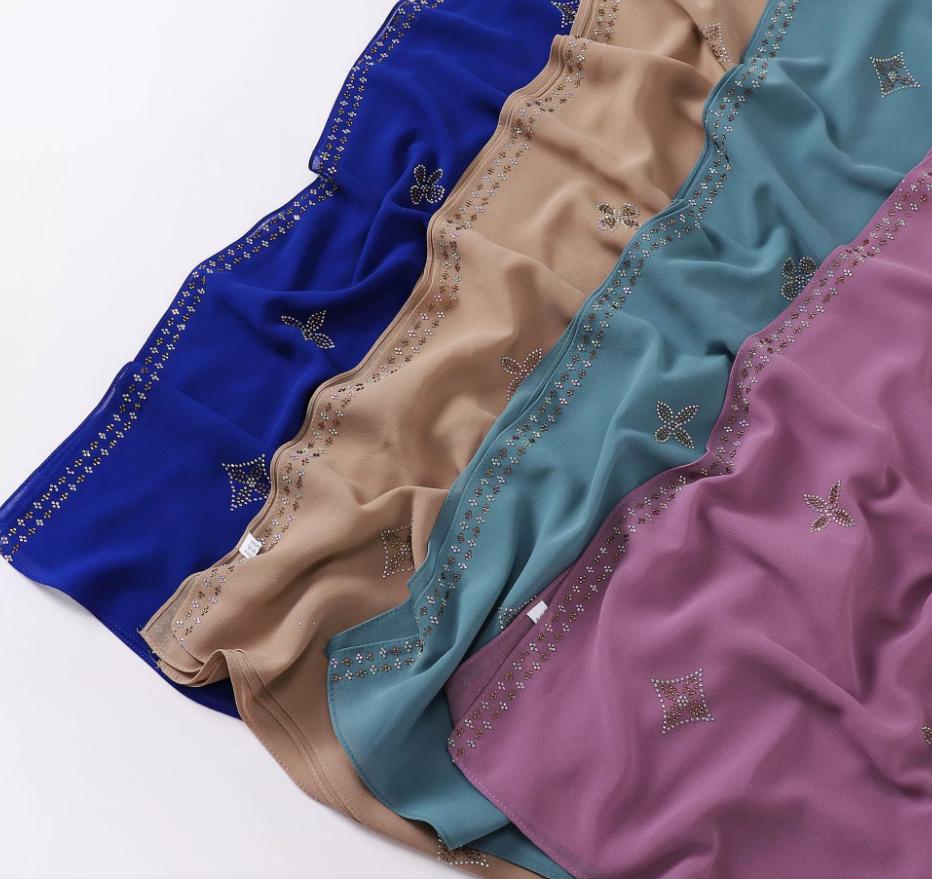 New Chiffon Hijab With Rhinestones Diamonds Scarf Shawls Solid Headscarf Wraps Ramadan Eid Hijabs Glitter Headband Turban