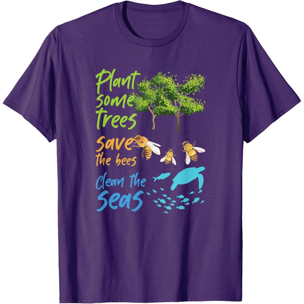 Plant Trees Save Bees Clean Seas Turtle Graphic Cotton T-Shirt Casual Crewneck Tee