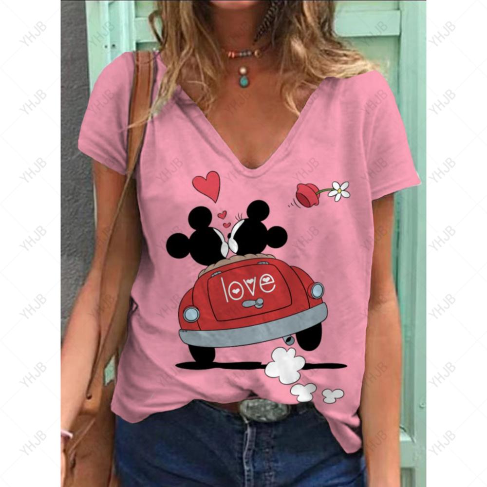 Sommer Ny Mote Dame V-hals Topp Kort Ermet T-skjorte Disney Mikke Mus Trykk Casual Gate Allsidighet Y2K Oversize-5XL