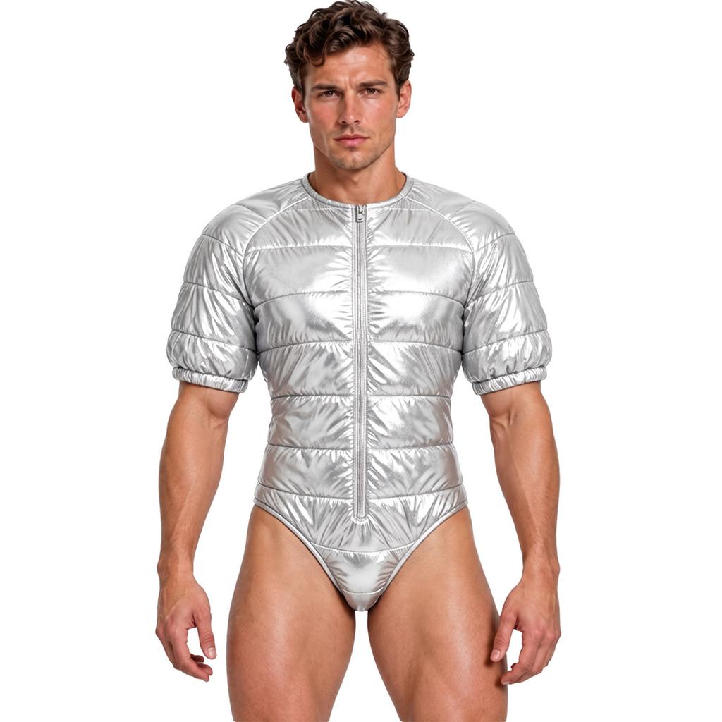 Mens Water Resistant Padded Short Sleeve Bodysuit Zipper Front Round Neck Leotard for Outdoor Sports Daily Casual Wear Travel