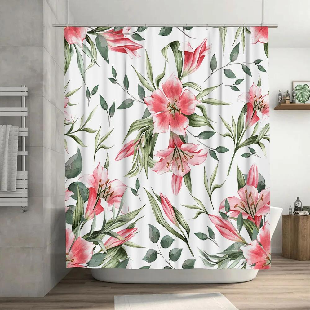 Watercolor Floral Shower Curtain Pink Green Flower Print Bath Decor Home Decoration