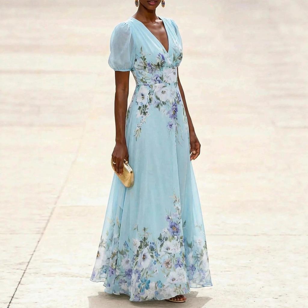 2026 new European and American women's clothing perspective short-sleeved V-neck digital printing long dress flower fashion dress