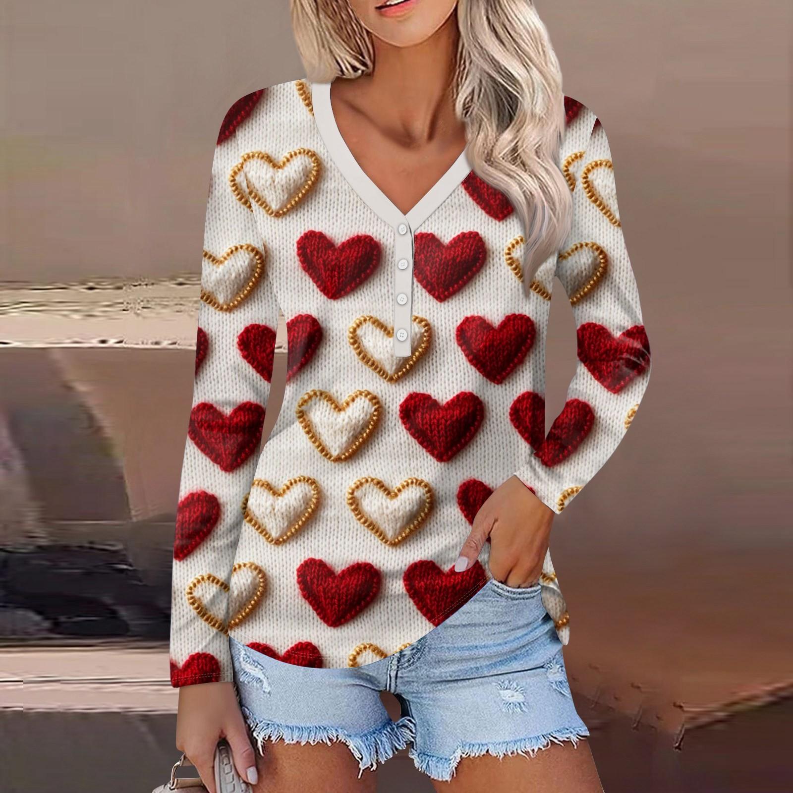 

Женский модный повседневный топ с длинным рукавом и V-образным вырезом на пуговицах ко Дню святого Валентина с принтом в виде сердца L бежевый