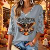 Women's Casual V-Neck Halloween Print Three-Quarter Sleeve Top
