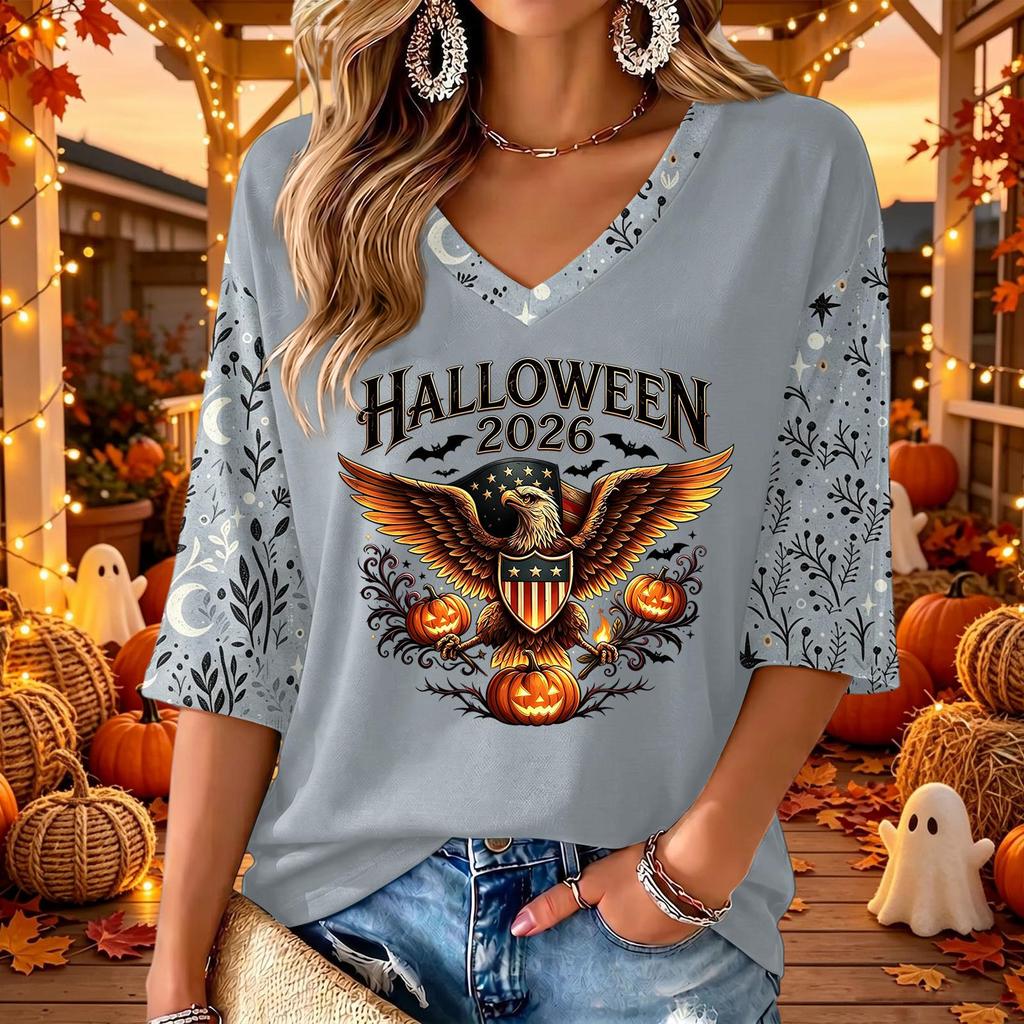 Women's Casual V-Neck Halloween Print Three-Quarter Sleeve Top