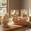 Holiday Gift for Her 2Pcs Christmas Hollow Metal Candle Holder, Vintage Tabletop Tealight Lantern, Xmas Glass Lamp Elk, Tree, Star & Heart Silhouette