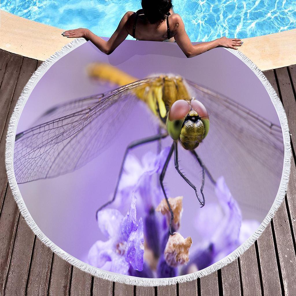Dragonfly Round Beach Towel,Absorbent Quick Dry Sand Free Lightweight Travel Bath Towels,Round Throw Blanket for Swim Pool Gym