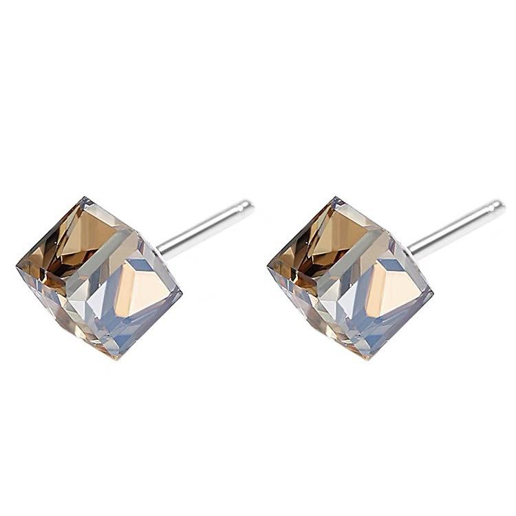 Austrian Crystal Brown Square Stud Earrings, S925 Sterling Silver, Elegant Small Design for Women 925 Sterling Silver