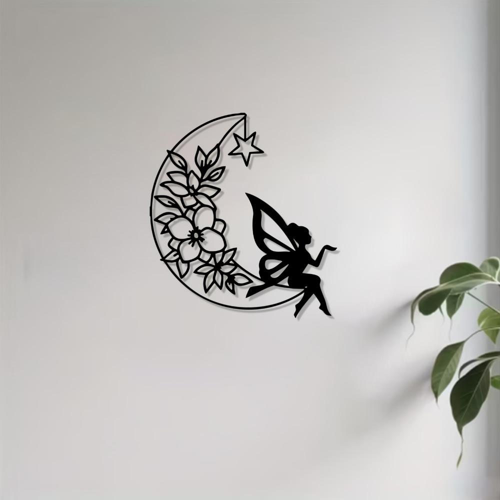 Wrought Iron Fairy Moon Wall Art Fantasy Home Decor Garden Statue Rustproof